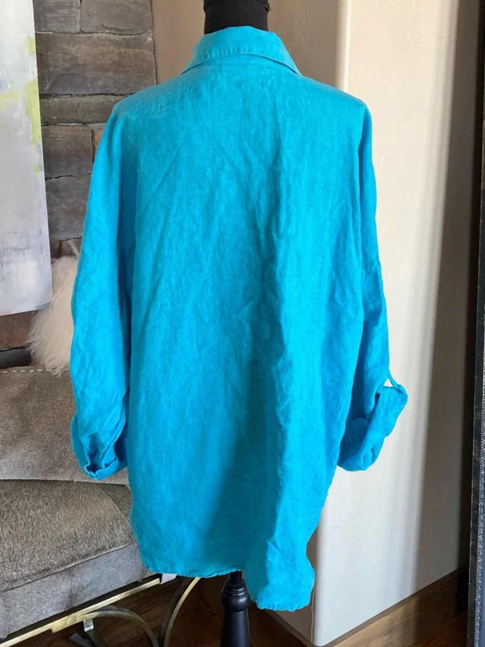 Chico’s Linen Tunic Top Button Down Pockets Breezy Coastal Size 3 - Picture 7 of 8